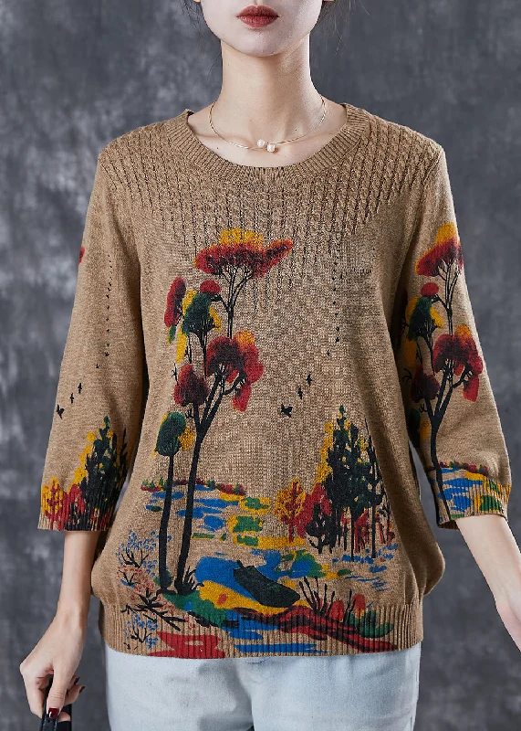 Now or Never Coffee Print Knit Sweater Tops Oversized Spring