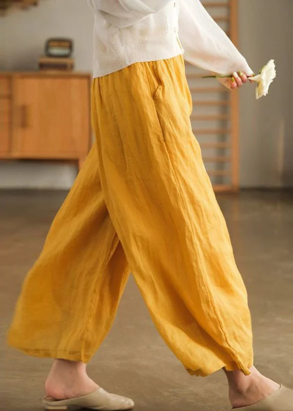 Daily Special Women Yellow Elastic Waist Oversized Linen Crop Pants Wide Leg Pants Summer