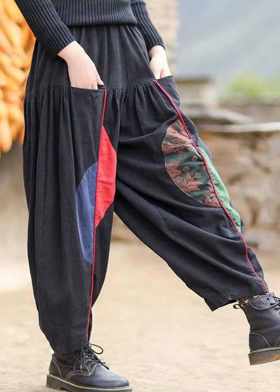 Weekend Bargains Just for You Women Black Elastic Waist Pockets Patchwork Warm Fleece Pants Winter