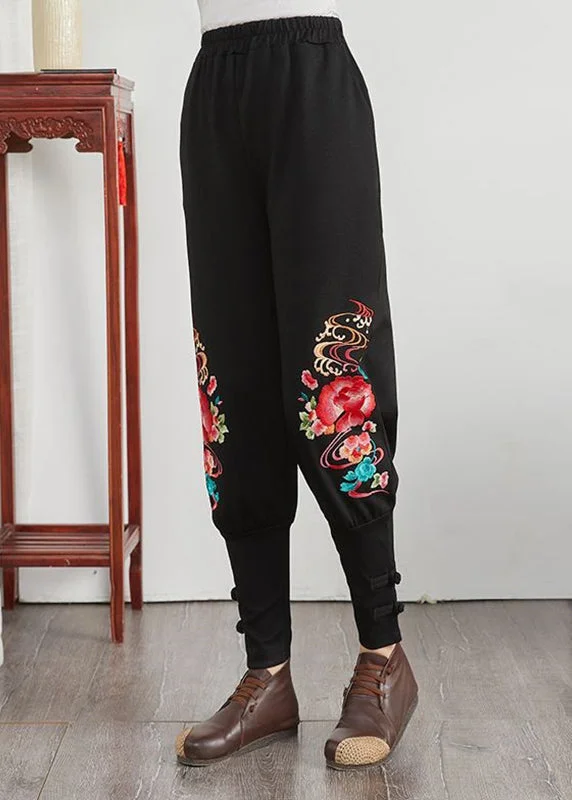 Inventory Reduction Floral Patchwork Elastic Waist Pockets Cotton Harem Pants