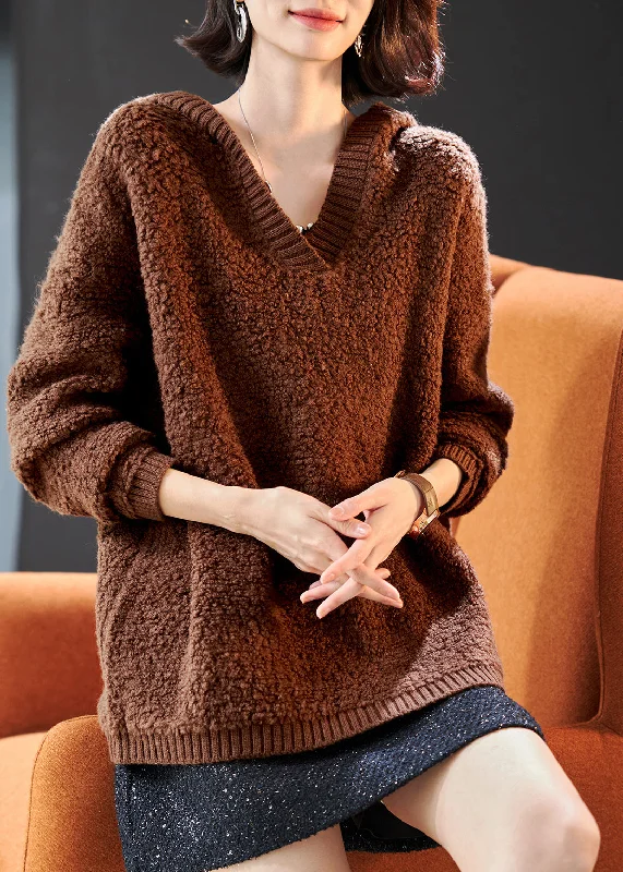 Savings Bonanza French Khaki Hooded Chunky Oversized Wool Knit Sweater Tops Winter