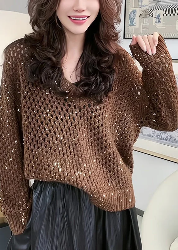 Major Deal Italian Coffee V Neck Sequins Hollow Out Knit Sweater Tops Spring