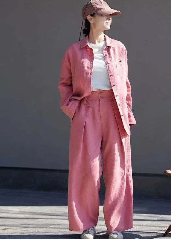 Weekend Specials Just for You Women Pink High Waist Pockets Linen Straight Pants Spring