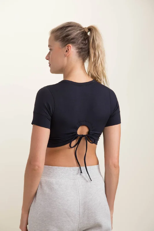 Hurry Up Tie-Peekaboo Back Lycra-Blend Cropped Top