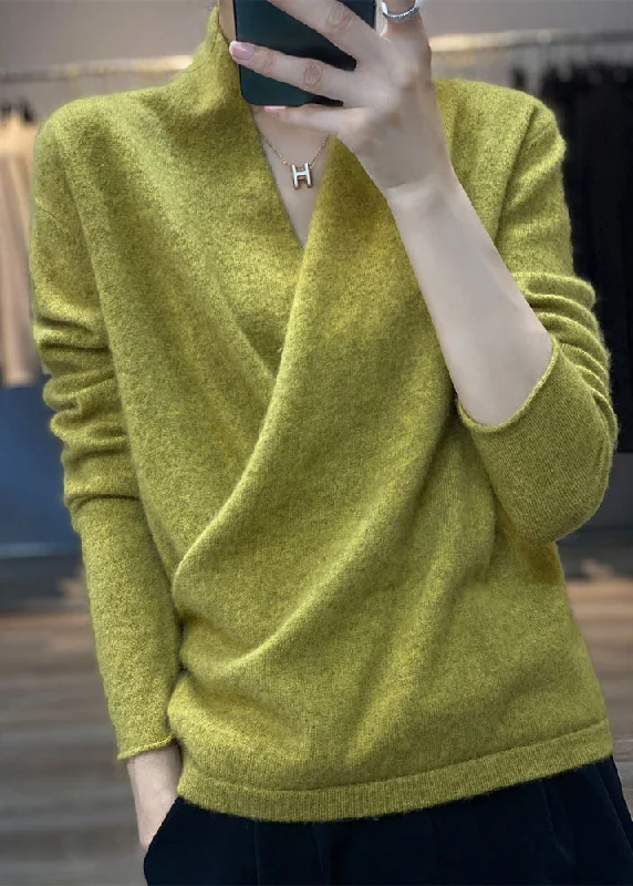 Weekend Deals to Brighten Your Day French Yellow Green V Neck Cozy Woolen Sweater Tops Spring