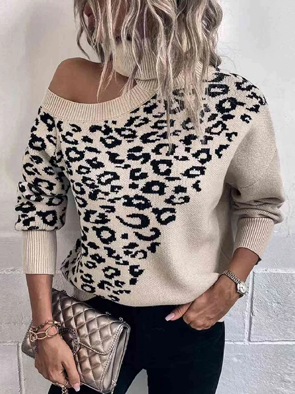 Unmissable Offer Leopard Turtleneck Cold Shoulder Long Sleeve Sweater