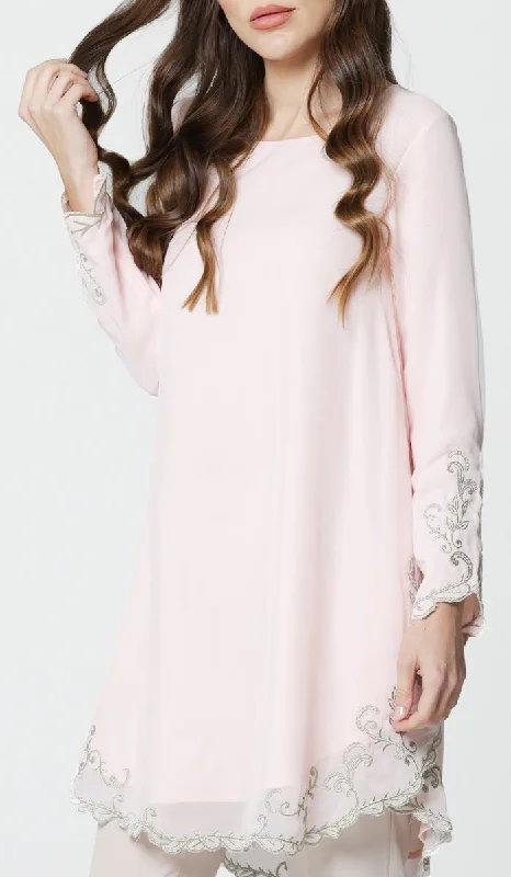 One-DAY Sale Meena Chiffon Formal Embroidered Long Modest Tunic - Blush - PREORDER (ships in 2 weeks)