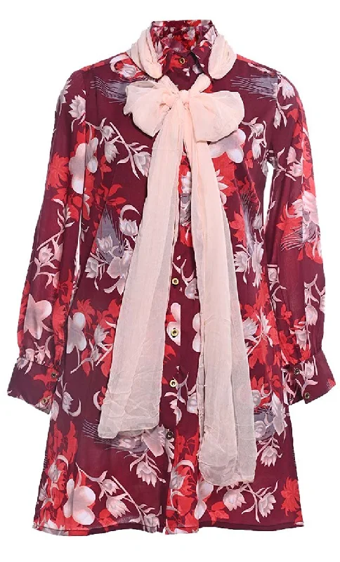 Early Bird Red Comfortable Floral  Printed  Tunic With Free Multi Purpose Scarf