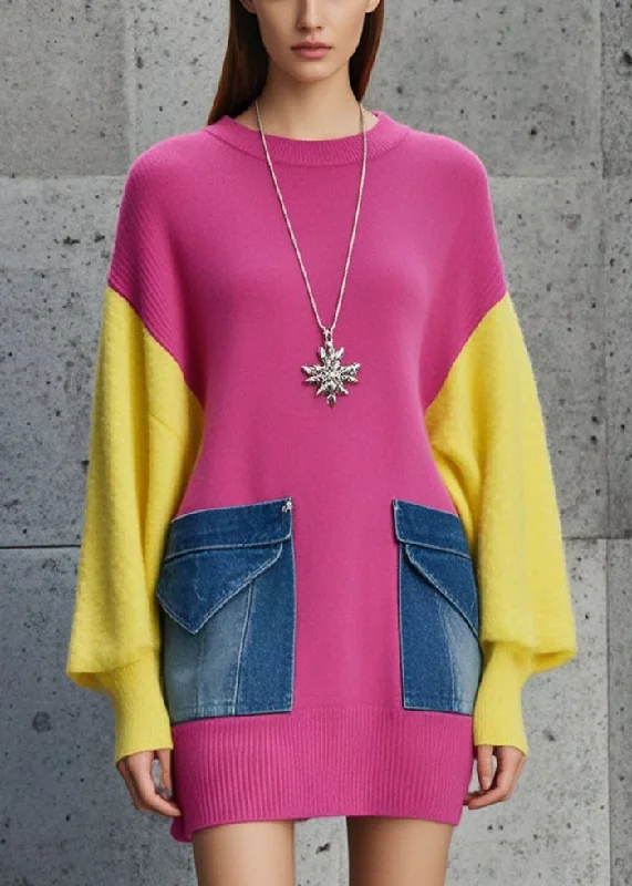 Unmissable Offer Casual Rose Oversized Patchwork Denim Knit Sweater Fall