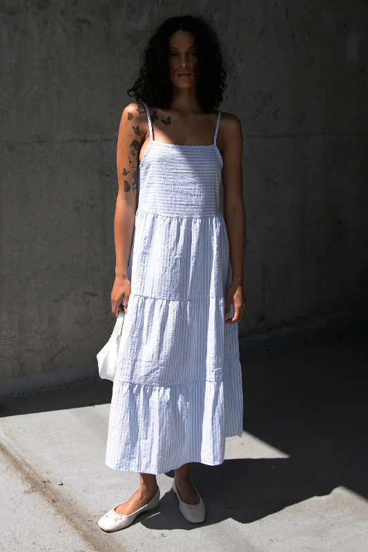 Lowest Rates STRIPED TIERED MIDI DRESS
