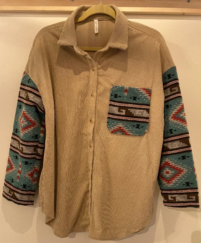 Quick Deals Cream Corduroy Aztec Shacket