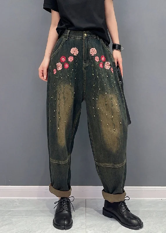Reduced Prices Floral Rivet Patchwork Denim Pockets Harem Pants Fall