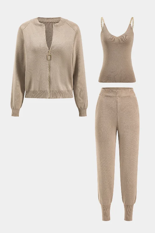 Weekend Savings Extravaganza Knit Metallic Zipper Round Neck Long Sleeve Cardigan And Tank Top And Trousers Set