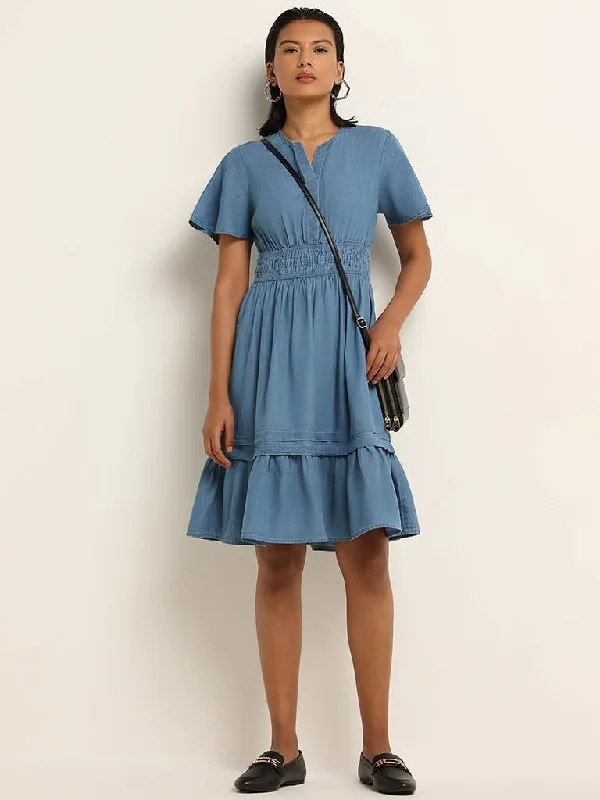Extra Savings LOV Blue Solid Cotton Blend Tiered Short Dress