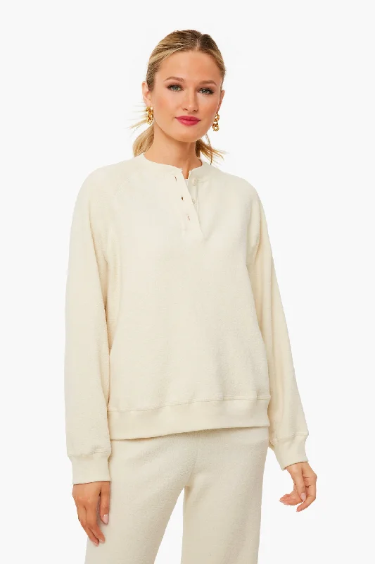 Weekend Specials to Cherish Washed White Fleece Slouch Henley Sweatshirt