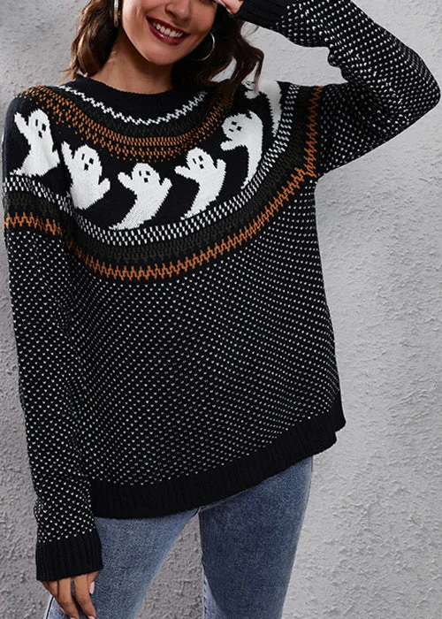 Closeout Black Ghost Cozy Patchwork Knit Sweaters O Neck Fall