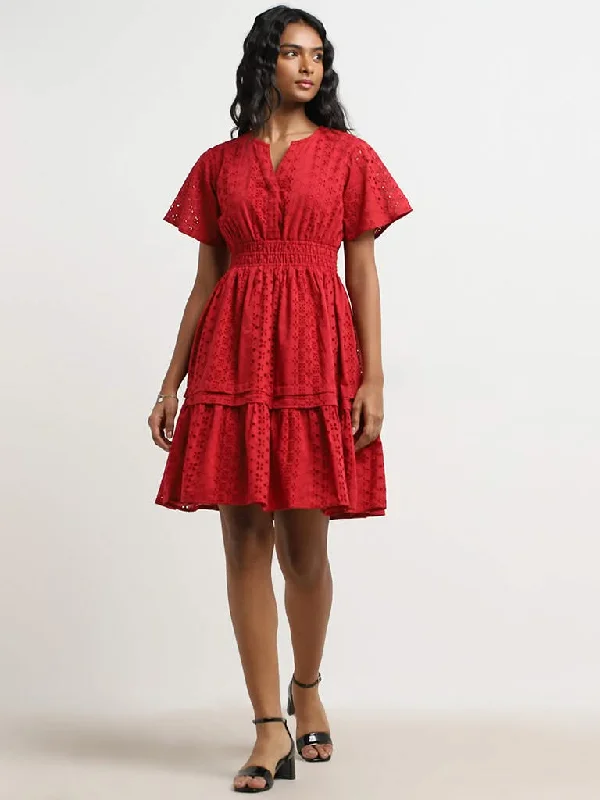 Quick Sale LOV Red Schiffli Design Cotton Tiered Dress