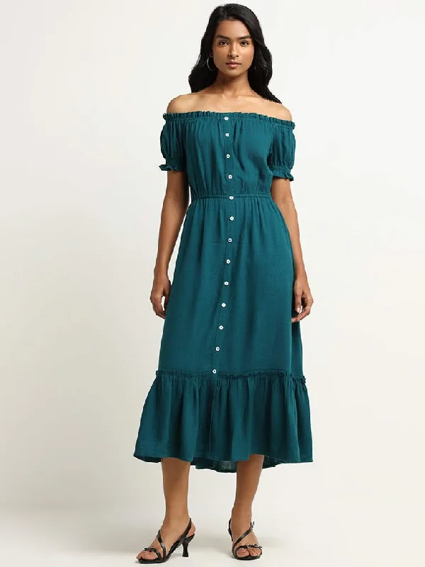 Great Bargain LOV Teal Off-Shoulder Blended Linen Midi Dress