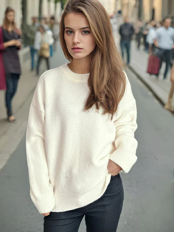 Super Sale Round Neck Dropped Shoulder Long Sleeve Sweater