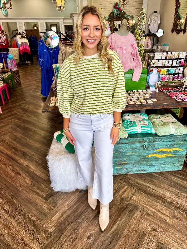 Celebrate the Weekend with Discounts 3/4 Sleeve Striped Top: Avocado