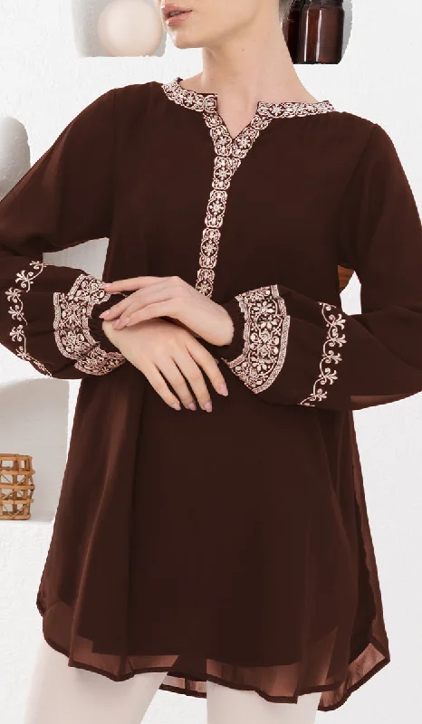 Don't Miss Out Amalie Embroidered Long Modest Tunic - Cocoa