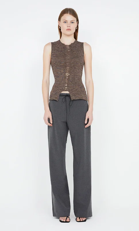 Price Buster KEKE KNIT LACE UP TOP - CHOC MARLE