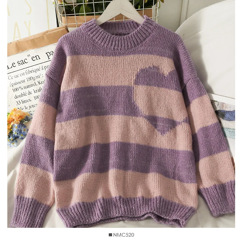 Overstock Sweet wind loose medium length heart print Pullover women's sweater  2079