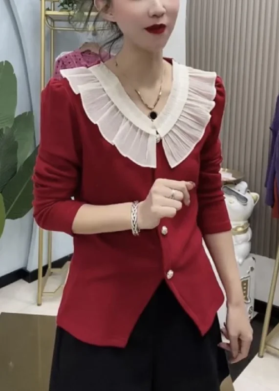 One-DAY Sale Women Red Ruffled Button Knit Tops Long Sleeve