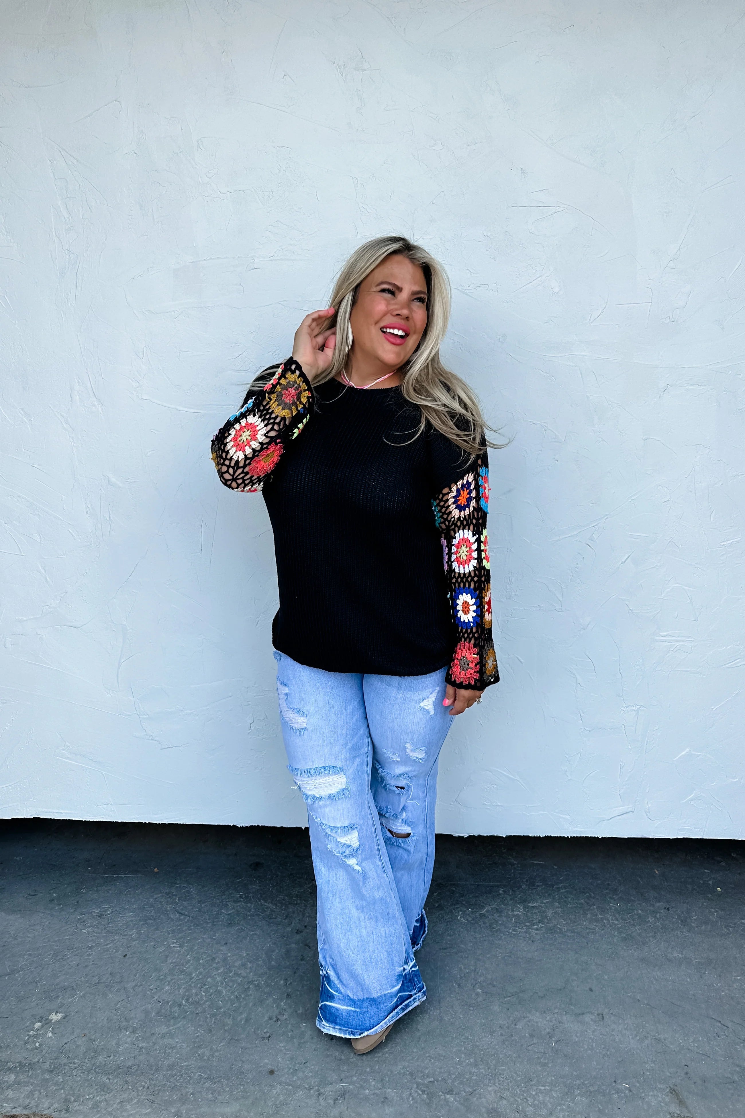 Crazy Savings Black Indie Sweater With Crochet Sleeves