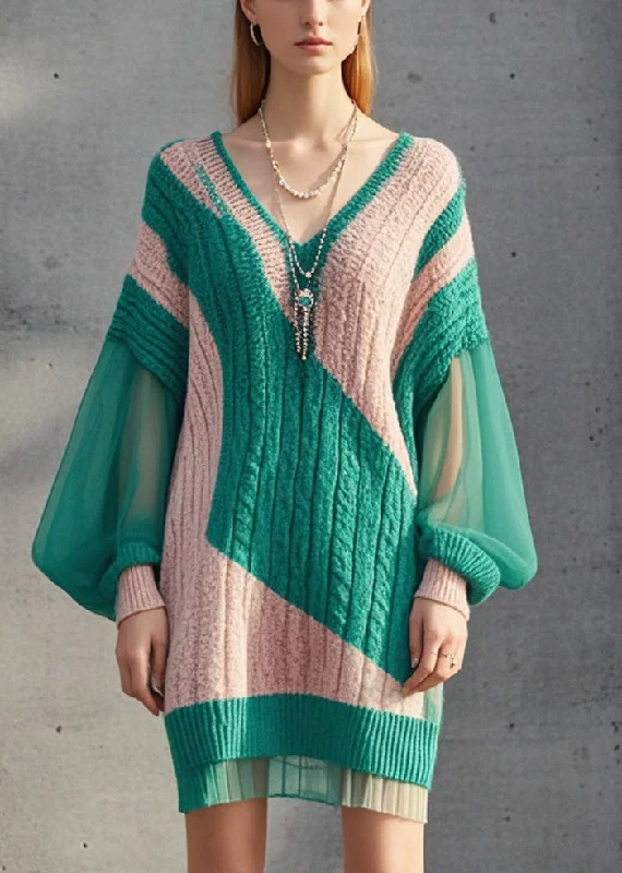 Today Only Fashion Colorblock V Neck Patchwork Knit Dress Lantern Sleeve
