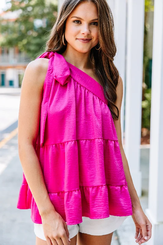 One-Day Only Protect Your Heart Fuchsia Pink Satin One Shoulder Tank